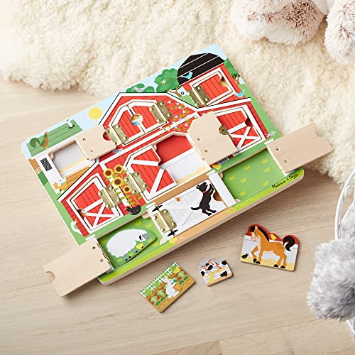 Melissa and Doug Hide and Seek Farm Wooden Activity Board With Barnyard Animal Magnets - Wooden Busy Board, Hide And Seek Puzzles, Wooden Magnet Puzzles For Toddlers And Kids Ages 3+