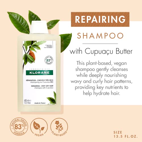 Klorane Shampoo with Organic Cupuaçu Butter, Nourishing and Repairing for Very Dry Damaged Hair, SLS/SLES-Free, Biodegradable, 13.5 fl. oz.