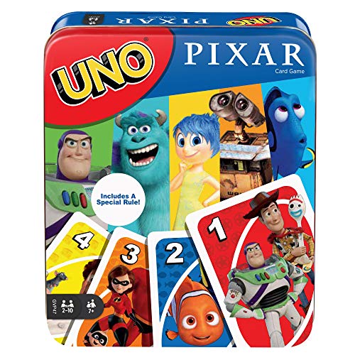Mattel Games UNO Pixar Card Game for Family Night, Travel Game for Kids with Storage Tin and Special Rule for 2-10 Players [Amazon Exclusive]