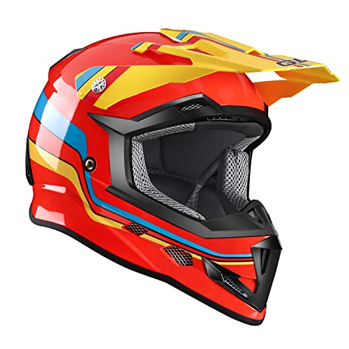 GLX GX623 DOT Kids Youth ATV Off-Road Dirt Bike Motocross Motorcycle Full Face Helmet Combo Gloves Goggles for Boys and Girls (Retro Red, X-Large)