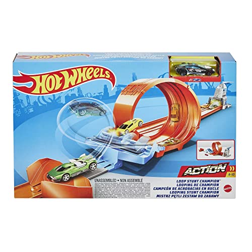 Hot Wheels Toy Car Track Set Loop Stunt Champion, Dual-Track Loop with Dual-Launcher, Includes 1:64 Scale Toy Car