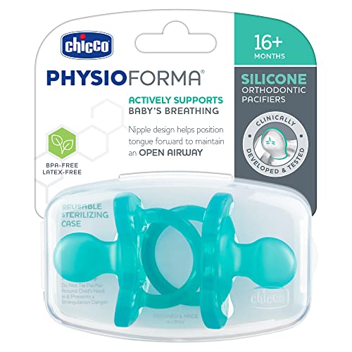 Chicco PhysioForma 100% Soft Silicone One Piece Pacifier for Babies 16-24m, Teal, Orthodontic Nipple, BPA-Free, 2-count in Sterilizing Case