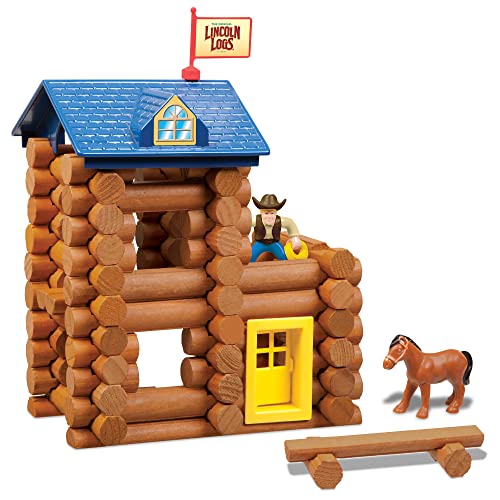 LINCOLN LOGS-Horseshoe Hill Station-83 Pieces-Real Wood Logs - Ages 3+ - Best Retro Building Gift Set for Boys/Girls – Creative Construction Engineering – Top Blocks Game Kit - Preschool Education Toy