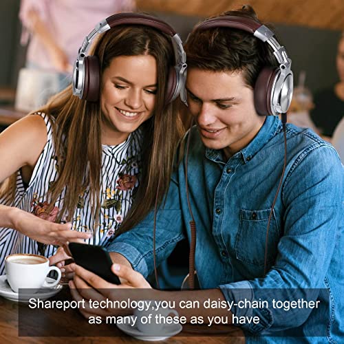 Over Ear Headphone, Wired Premium Stereo Sound Headsets with 50mm Driver, Foldable Comfortable Headphones with Protein Earmuffs and Shareport for Recording Monitoring Podcast PC TV- with Mic (Silver)