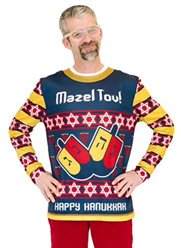 Faux Real Men's 3D Photo-Realistic Ugly Christmas Sweater Long Sleeve T-Shirt, Mazel Tov, Small