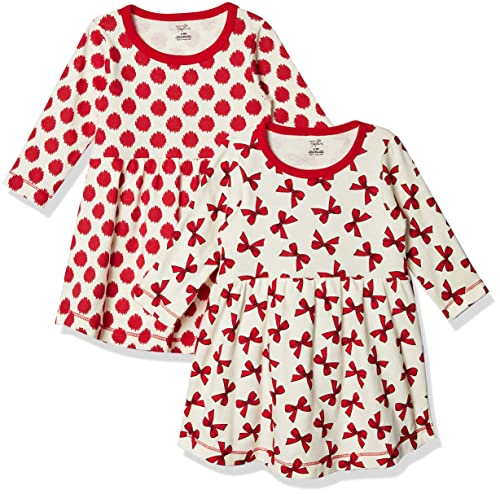 Touched by Nature Girls, Toddler, Baby and Womens Organic Cotton Short-Sleeve and Long-Sleeve Dresses, Bows Long Sleeve, 6-9 Months