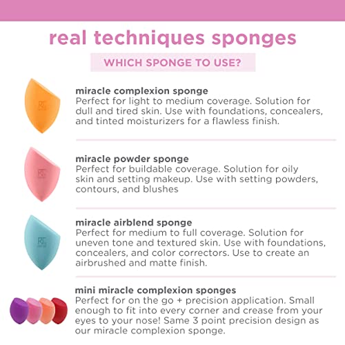 Real Techniques Miracle Complexion Sponge, Makeup Blending Sponge, For Foundation, Offers Light To Medium Coverage, Natural, Dewy Makeup, Orange Sponge, Latex-Free Foam, 4 Count