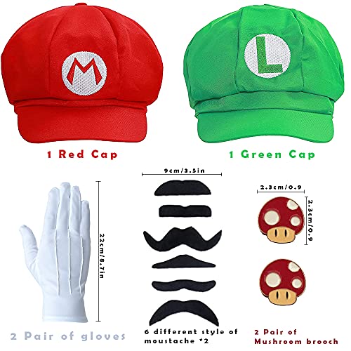EIKOU Super Bros Mari and Luigi Unisex Hat Cap set Gloves Mushroom Brooch Cosplay Costume (Red and Green) 2Pcs