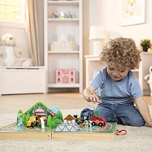 Melissa and Doug 17-Piece Wooden Take-Along Tabletop Railroad, 3 Trains, Truck, Play Pieces, Bridge - Wooden Train Sets For Kids Ages 3+