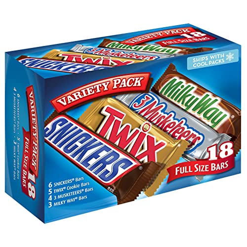 SNICKERS, TWIX, MILKY WAY and 3 MUSKETEERS Individually Wrapped Variety Pack Full Size Milk Chocolate Candy Bars Bulk Assortment, 33.31 oz, 18 Bars