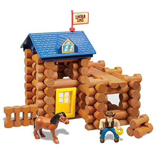 LINCOLN LOGS-Horseshoe Hill Station-83 Pieces-Real Wood Logs - Ages 3+ - Best Retro Building Gift Set for Boys/Girls – Creative Construction Engineering – Top Blocks Game Kit - Preschool Education Toy