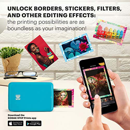 KODAK Step Color Instant Photo Printer with Bluetooth/NFC, Zink Technology and KODAK App for iOS and Android (Blue) Prints 2x3” Sticky-Back Photos.