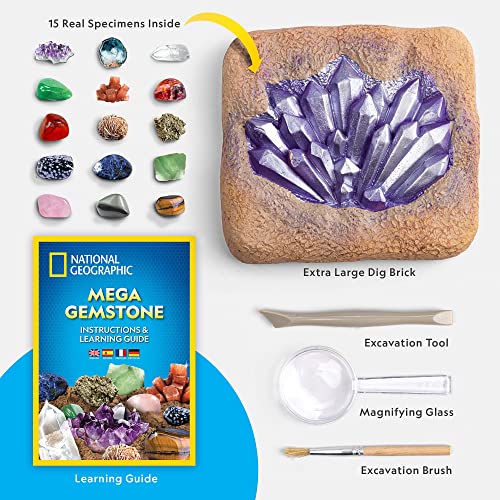NATIONAL GEOGRAPHIC Mega Gemstone Dig Kit – Dig Up 15 Real Gemstones and Crystals, STEM Activities for Kids, Gem Mining Kit, Great Educational Science Gift for Girls and Boys (AMAZON EXCLUSIVE)