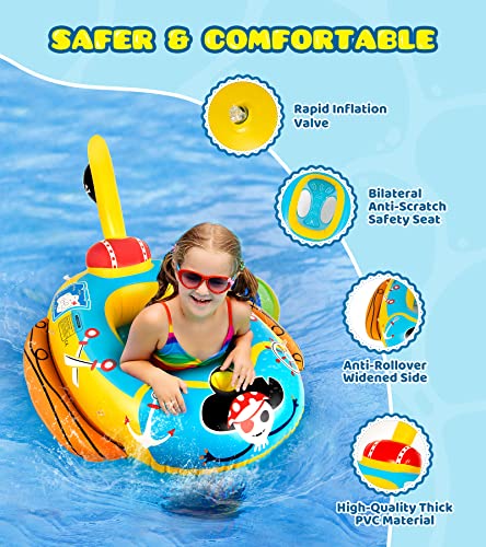2X Thicken Pool Floats Kids with Water Gun, UPF50+ Adjustable Canopy Inflatable Pirate Boat Shaped Toddler Pool Float with Safety Seat, Durable Pool Toys for Kids Ages 2-10 for Boys and Girls