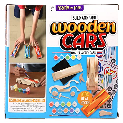 Made By Me Build and Paint Your Own Wooden Cars - DIY Wood Craft Kit, Easy To Assemble and Paint 3 Race Cars – Arts and Crafts Kit for Kids Ages 6 And Up, Multicolor