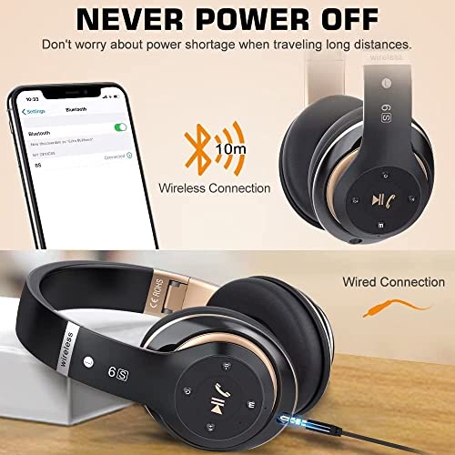 Prtukyt 6S Wireless Bluetooth Headphones Over Ear, Hi-Fi Stereo Foldable Wireless Stereo Headsets Earbuds with Built-in Mic, Volume Control, FM for Phone/PC (Black and Gold)