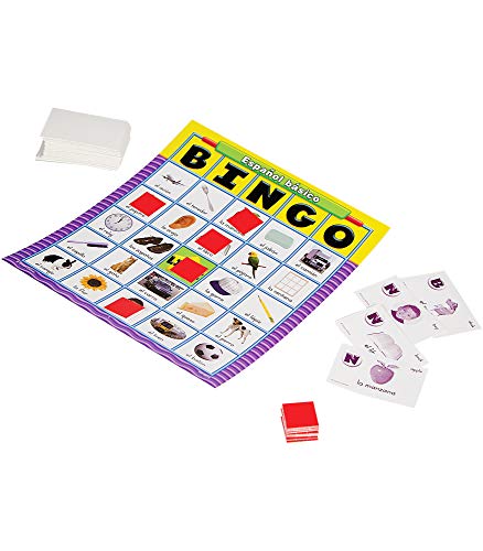 Carson Dellosa Basic Spanish Bingo Game Learning Board Game with 50 Spanish Words with Photos, 36 Game Boards and Bingo Chips for 3-36 Players, Ages 4 and Up