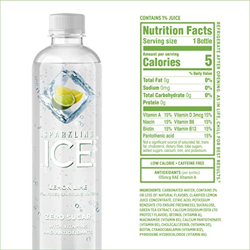 Sparkling Ice, Lemon Lime Sparkling Water, Zero Sugar Flavored Water, with Vitamins and Antioxidants, Low Calorie Beverage, 17 Fl Oz (Pack of 12)