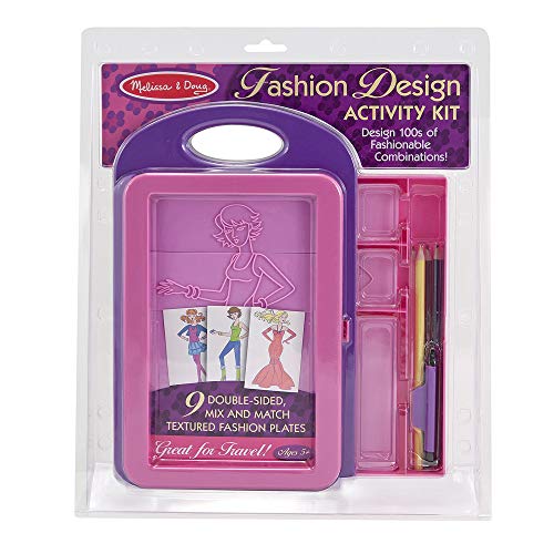 Melissa and Doug Fashion Design Art Activity Kit - 9 Double-Sided Rubbing Plates, 4 Pencils, Crayon - Fashion Plates, Travel Toys for Kids Ages 5+, 16 Piece Set, White