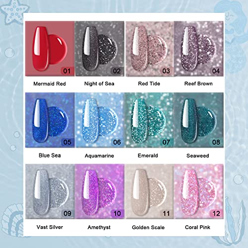 REDNEE 21 Pcs Fast Dry Dip Powder Nail Kit Starter - 12 Colors Mermaid Collection Purple Green Glitter Dipping Powder Nail Art Set for Salon Party No LED Nail Lamp Needed RE35