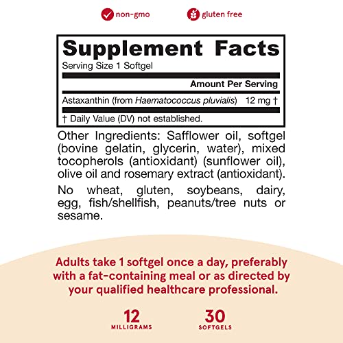 Jarrow Formulas Astaxanthin Supplement 12 mg - 30 Softgels - Natural Antioxidant Carotenoid - Immune, Skin, Joint, Eye Health Support - 30 Servings (Packaging May Vary)