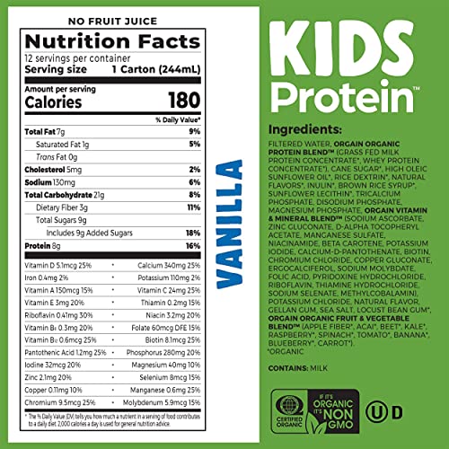 Orgain Organic Kids Protein Nutritional Shake, Vanilla - 8g of Protein, 22 Vitamins and Minerals, Fruits and Vegetables, Gluten Free, Soy Free, Non-GMO, 8.25 Fl Oz (Pack of 12)