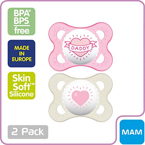 MAM Original Baby Pacifier, Nipple Shape Helps Promote Healthy Oral Development, Sterilizer Case, Love and Affection/Girl, 0-6 Months (Pack of 2)