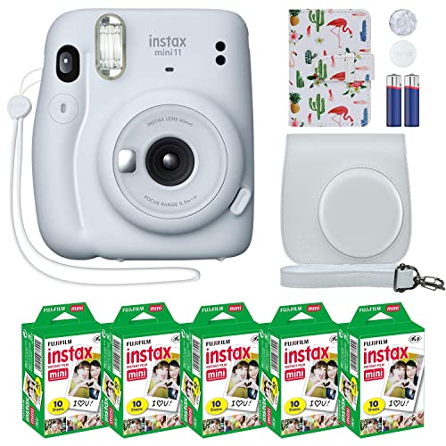 Fujifilm Instax Mini 11 Instant Camera Ice White + MiniMate Accessory Bundle and Compatible Custom Case + Fuji Instax Film Value Pack (50 Sheets) Flamingo Designer Photo Album