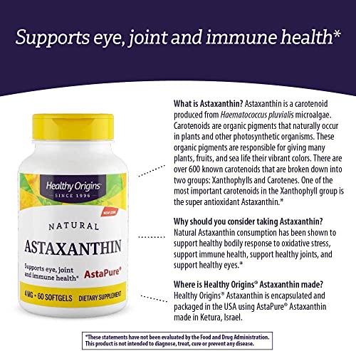 Healthy Origins Astaxanthin 4 mg (Natural, Astapure, Non-GMO, Gluten Free, Eye Support, Joint Support, Immune Support), 60 Softgels