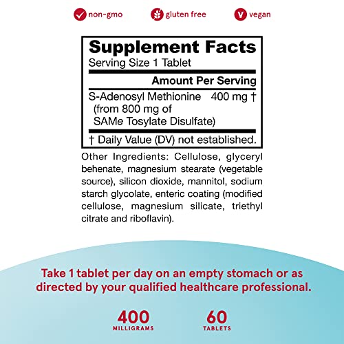 Jarrow Formulas Same 400 mg - 60 Tablets - Highest Concentration of Active S,S Form - Supports Joint Health, Liver Function, Brain Metabolism, Mood and Antioxidant Defense - 60 Servings