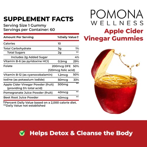 Pomona Wellness Apple Cider Vinegar Gummies with B Vitamins for Immune Support, Detox and Cleanse, ACV Gummy for Digestion, Overall Health, Vegan, 60 Count