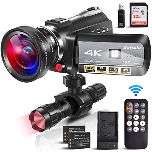 4K Video Camera Camcorders 30MP Ultra HD Infrared Night Vision Wifi Vlogging Camera for YouTube 30X Digital Zoom Touch Screen Camera Recorder with Wide-Angle Lens,32GB SD card、Infrared Flashlight