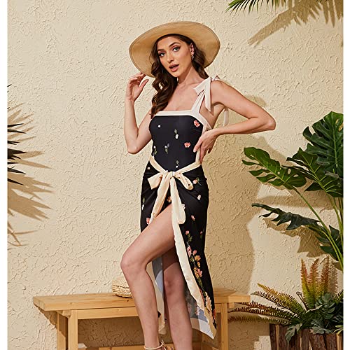 Women Swimsuits Abstract Printing Notched Square/V Neck Floral Vacation One Piece with Cover Up
