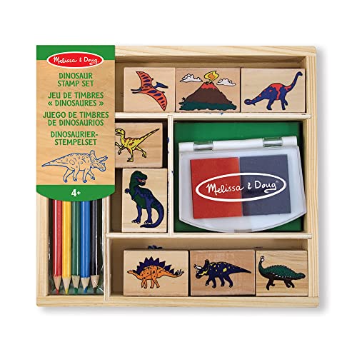 Melissa and Doug Wooden Stamp Set: Dinosaurs - 8 Stamps, 5 Colored Pencils, 2-Color Stamp Pad - Kids Arts And Crafts, Washable Ink Stamp Pads For Kids, Dinosaur Stamps For Kids Ages 4+