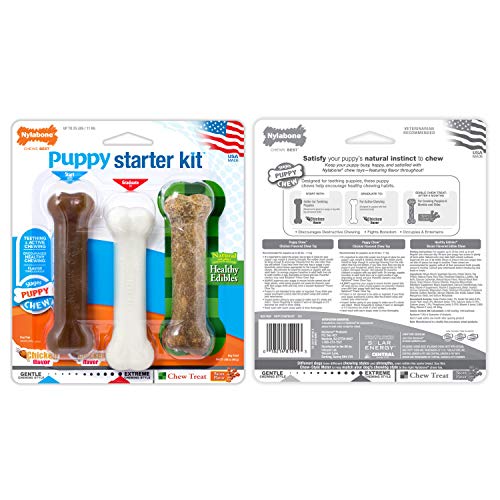 Nylabone Puppy Starter Kit with Chew Toys - Puppy Toys and Chew Treat Bundle - Puppy Supplies - Chicken and Bacon Flavors, Small/Regular (6 Count)