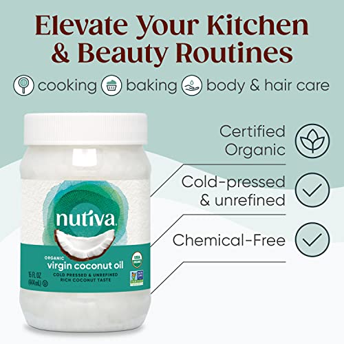 Nutiva Organic Coconut Oil 54 fl oz, Cold-Pressed, Fresh Flavor for Cooking Oil, Natural Hair Oil, Skin Oil, Massage Oil and, Non-GMO, USDA Organic, Unrefined Extra Virgin Coconut Oil (Aceite de Coco)