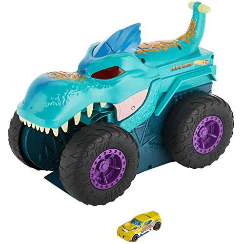 Hot Wheels Monster Trucks Car Chompin' MEGA-Wrex, Large Toy Monster Truck and 1:64 Scale Toy Car, 'Eats' and 'Poops' 1:64 Scale Vehicles