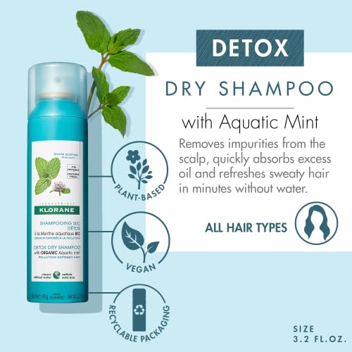 Klorane Detox Dry Shampoo with Aquatic Mint, All Hair Types, Invisible Finish, Cooling, Paraben and Sulfate-Free, 3.2 oz.