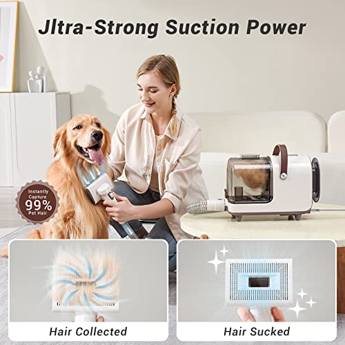 Bunfly Pet Clipper Grooming Kit and Vacuum Suction 99% Pet Hair, 7 Pet Grooming Tools, 3L Large Capacity Easy Clean Dust Cup for Pet Hair, Home Cleaning（Brown）