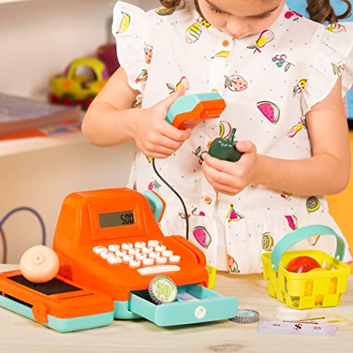 Battat Cash Register Toy Playset – Pretend Play Kids Calculator Cash Register with Accessories for 3+ (26-Pieces), Orange
