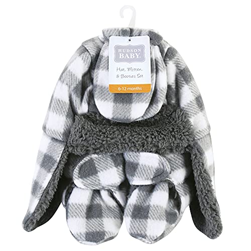 Hudson Baby Baby Trapper Hat, Mitten and Bootie Set, Charcoal White Plaid, 6-12 Months