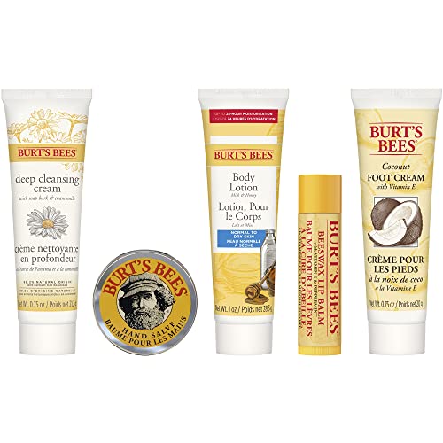 Burts Bees Mothers Day Gifts for Mom, 5 Body Care Products, Everyday Essentials Set - Original Beeswax Lip Balm, Deep Cleansing Cream. Hand Salve, Body Lotion and Foot Cream, Travel Size
