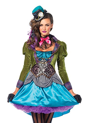 Leg Avenue 3 Piece Deluxe Mad Hatter Set-Sexy Velvet Coat Dress and Mini Top Hat Halloween Costume for Women, Multi, Medium