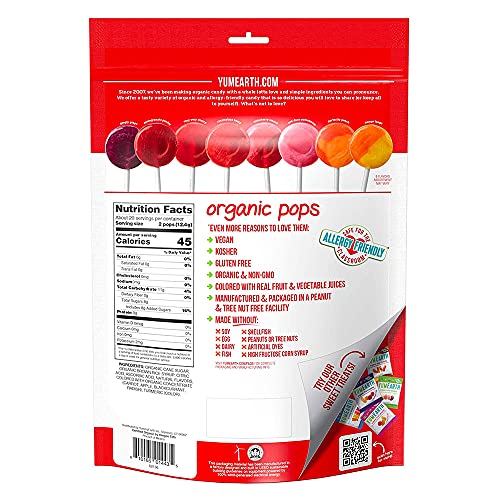 YumEarth Organic Pops Variety Pack, 40 Fruit Flavored Favorites Lollipops, Allergy Friendly, Gluten Free, Non-GMO, Vegan, No Artificial Flavors or Dyes