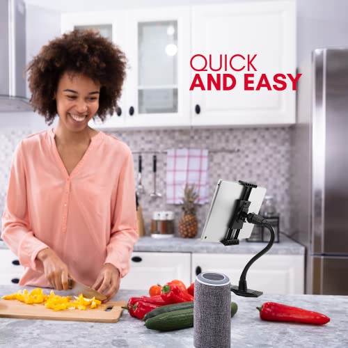 Macally Adjustable Gooseneck Tablet Holder and Phone Clip - Works with Phones and Tablets up to 8” - Flexible Phone Holder and Tablet Mount with Clip On Clamp for Desks up to 1.75” Thick (CLIPMOUNT),Black