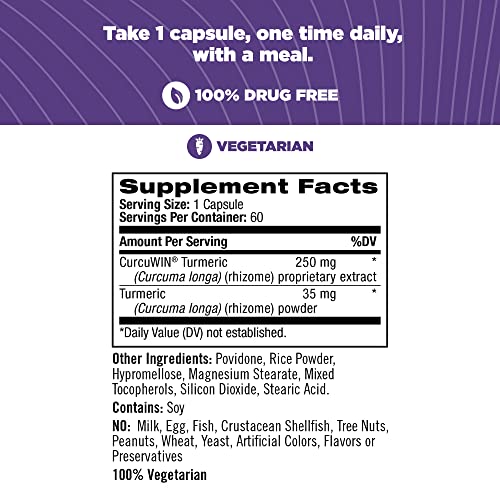 Natrol Extra Strength Turmeric Capsules, Supports Cellular, Inflammatory, Heart, Joint and Brain Health, Clinically Proven CurcuWIN, 46x Better Absorption, 60 Count