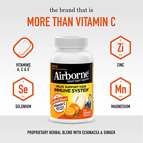 Airborne 1000mg Chewable Tablets with Zinc, Immune Support Supplement with Powerful Antioxidants Vitamins A C and E - 200 Tablets, Citrus Flavor