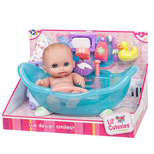 JC Toys Lil Cutesies 8.5' All Vinyl Doll and Real Working Bath Set | Posable and Washable | Removable Outfit | Bath with Play Accessories Ages 2+ , Blue