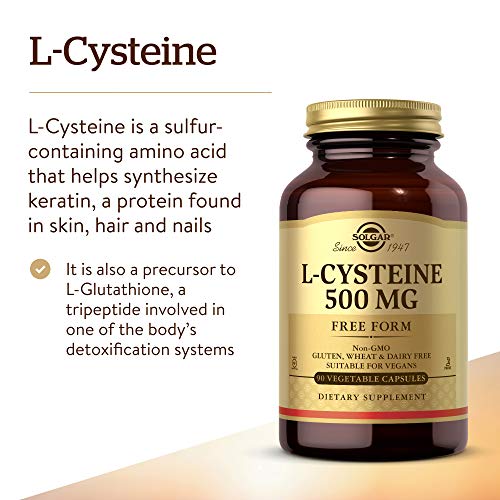 Solgar L-Cysteine 500 mg, 90 Vegetable Capsules - Free Form Amino Acid - Keratin Support for Skin, Hair and Nails - Glutathione Support - Vegan, Gluten Free, Dairy Free, Kosher - 90 Servings
