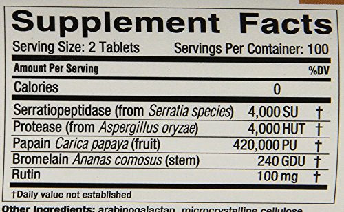 Naturally Vitamins Fibrozym Systemic Protease Supplement with Serratiopeptidase, 200 Tablets, N10051
